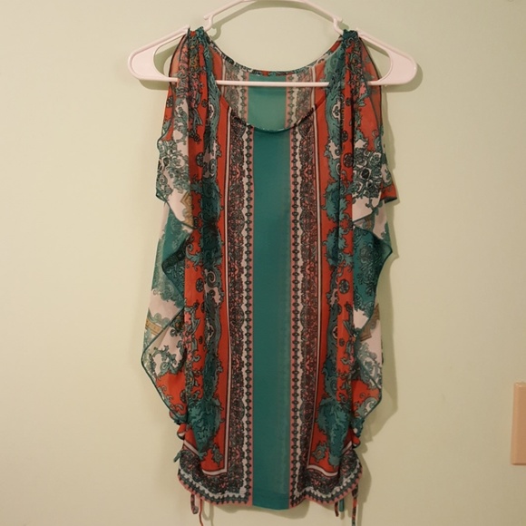 Sheer Patterned Cold-Shoulder Top - Picture 1 of 2